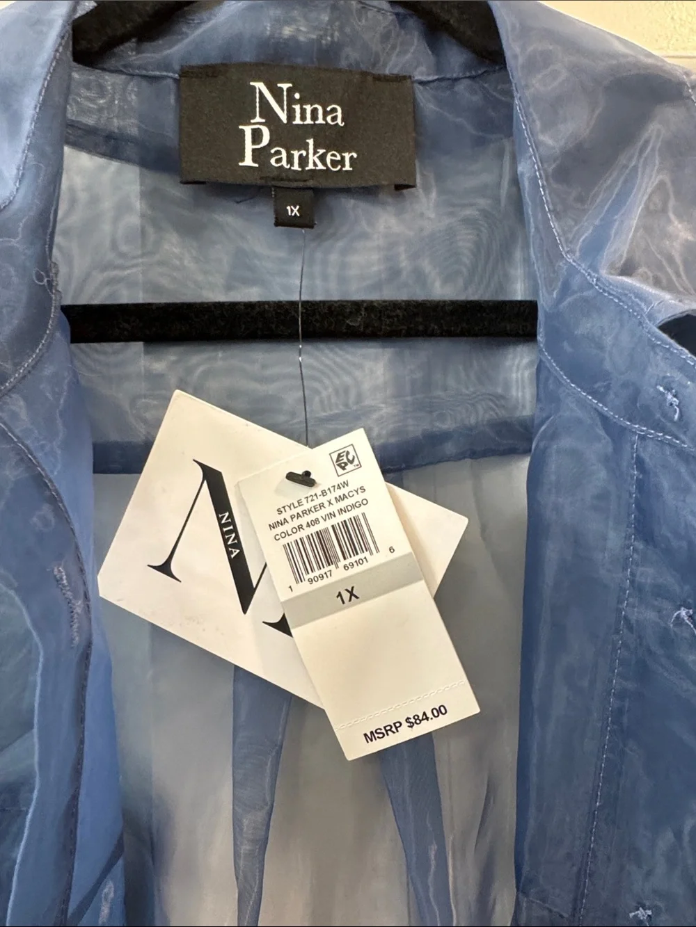 NWT Nina Parker Sheer Oversized Shirt in Indigo Blue